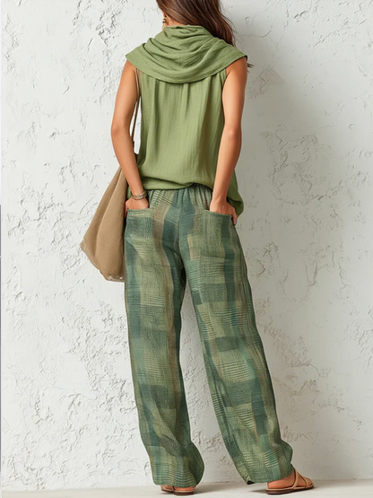 Loose Sleeveless Detachable Pleated Solid Color Halter-Neck Scarf + Tank Top Two Pieces Set