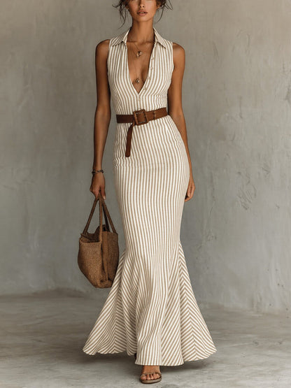 Bodycon Mermaid Belted Striped Deep V-Neck Maxi Dresses