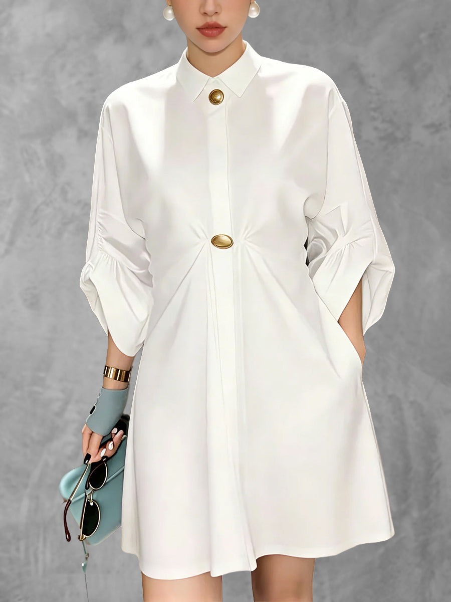 Loose Puff Sleeves Buttoned Pleated Pockets Solid Color Lapel Mini Dresses
