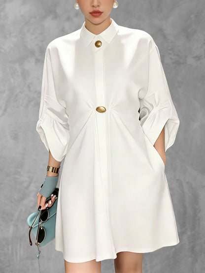 Loose Puff Sleeves Buttoned Pleated Pockets Solid Color Lapel Mini Dresses
