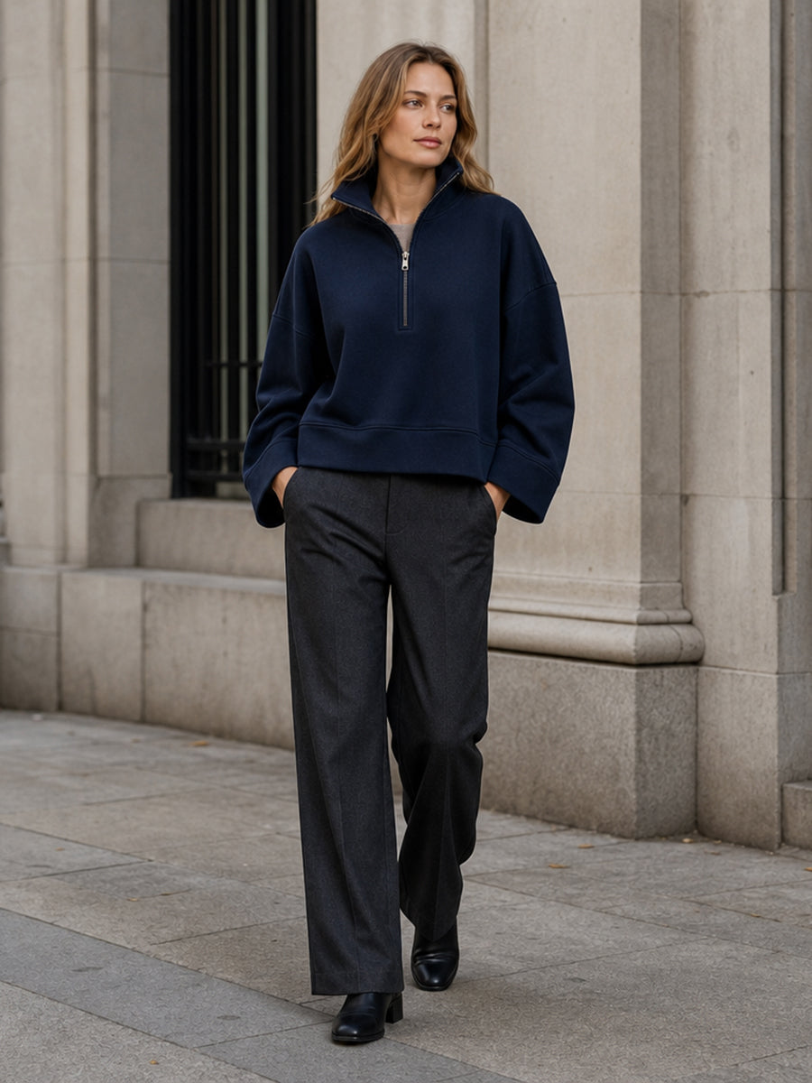 Zipper Solid Color Long Sleeves Stand Collar Sweatshirt Tops
