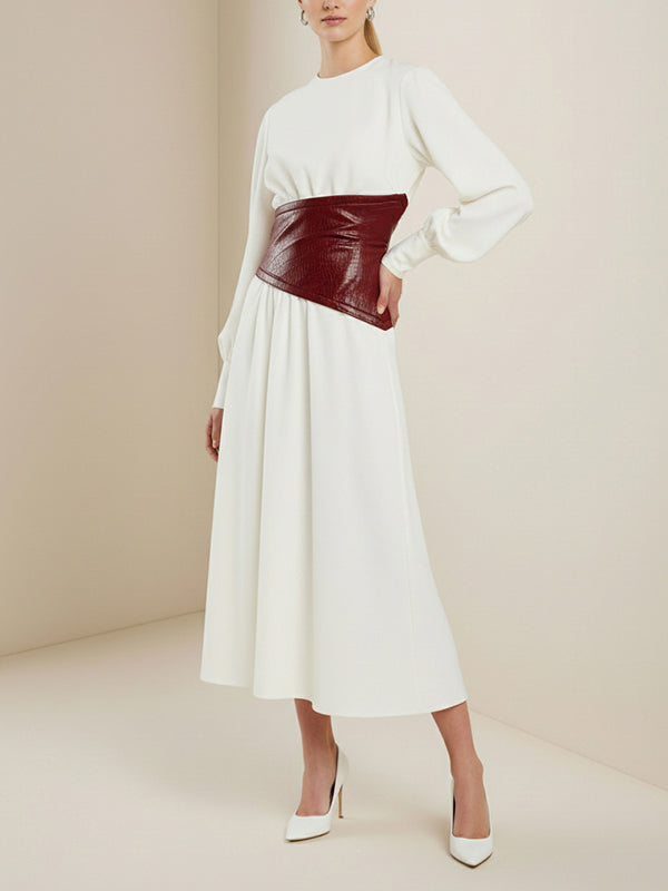 A-Line Puff Sleeves Alligator Print Buttoned Contrast Color Pleated Split-Joint Zipper Round-Neck Midi Dresses