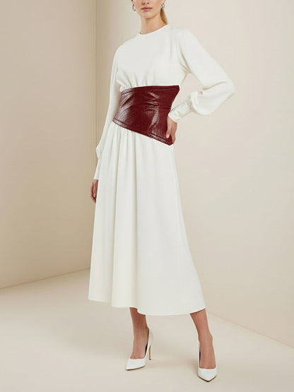 A-Line Puff Sleeves Alligator Print Buttoned Contrast Color Pleated Split-Joint Zipper Round-Neck Midi Dresses