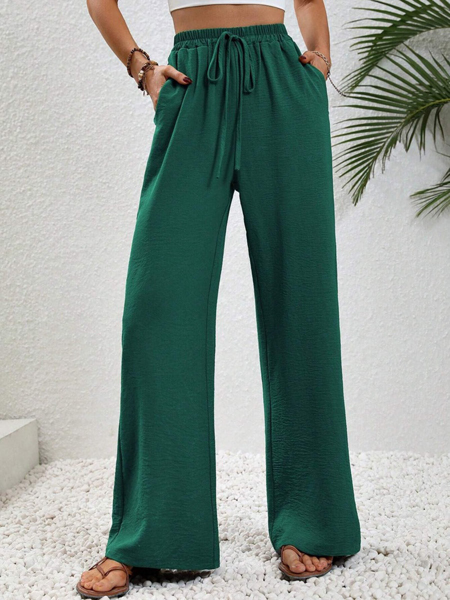High Waisted Loose Elasticity Pleated Solid Color Tied Waist Pants Trousers