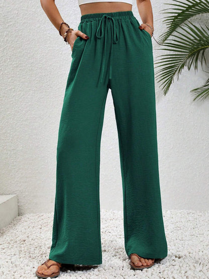 High Waisted Loose Elasticity Pleated Solid Color Tied Waist Pants Trousers