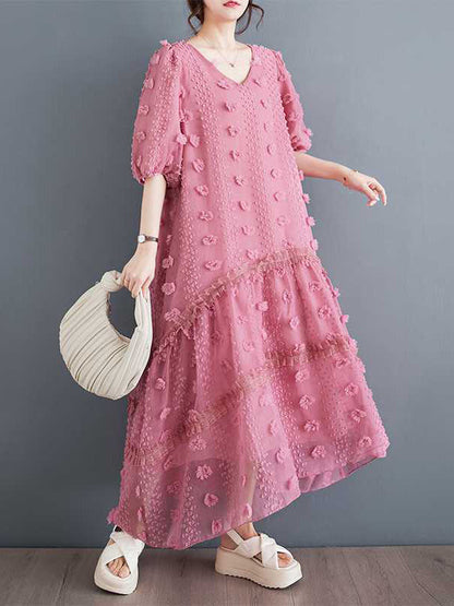 A-Line Half Sleeves Elasticity Jacquard Solid Color Split-Joint V-Neck Midi Dresses