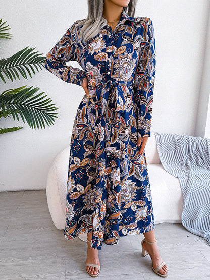 Robe longue boutonnée à manches longues et imprimé floral, taille nouée et revers 