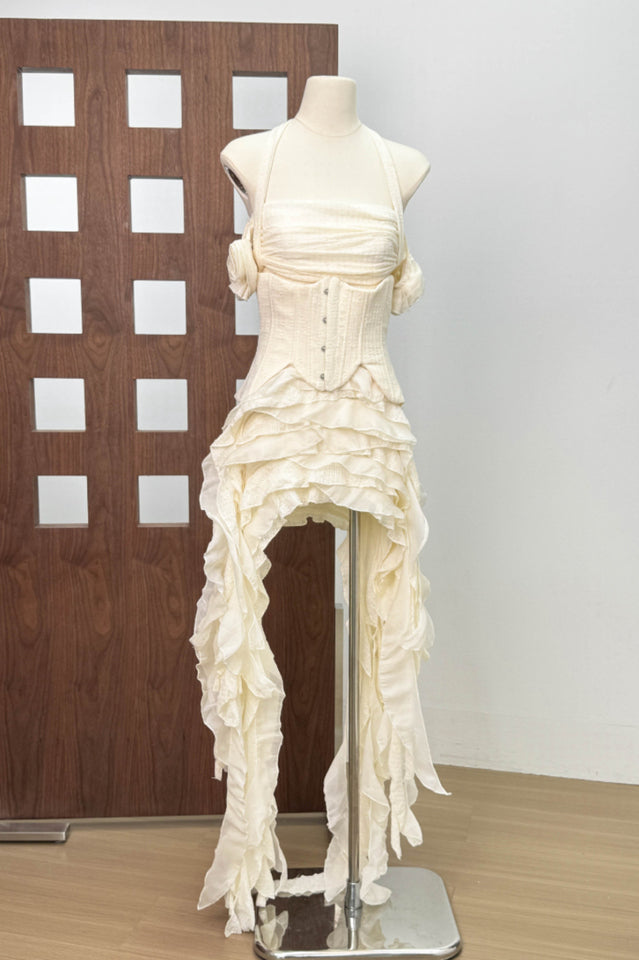 Ivria Halterneck Ruffled Draped Dress