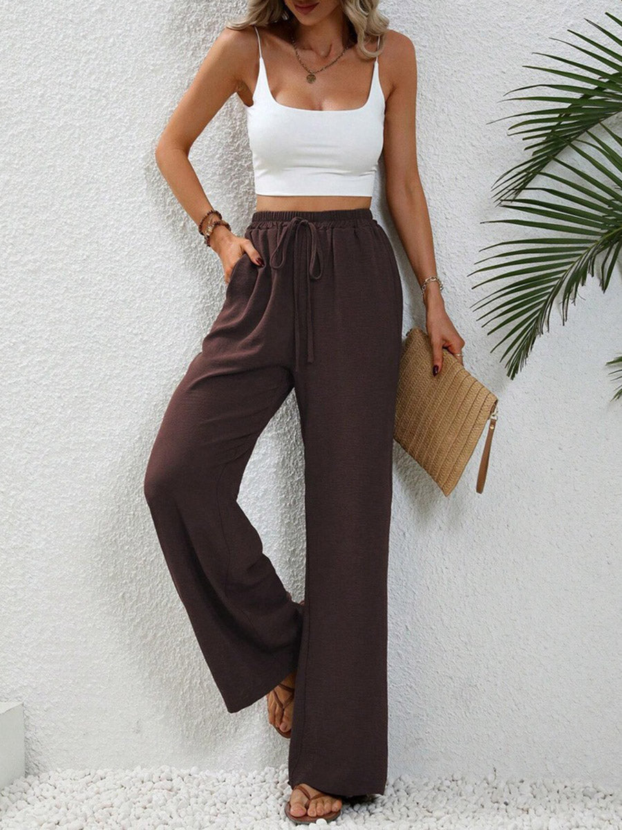 High Waisted Loose Elasticity Pleated Solid Color Tied Waist Pants Trousers
