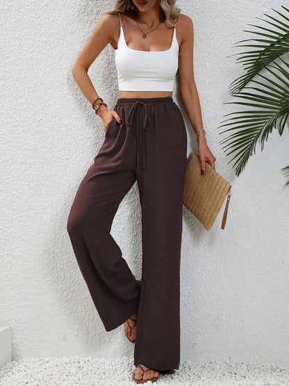 High Waisted Loose Elasticity Pleated Solid Color Tied Waist Pants Trousers