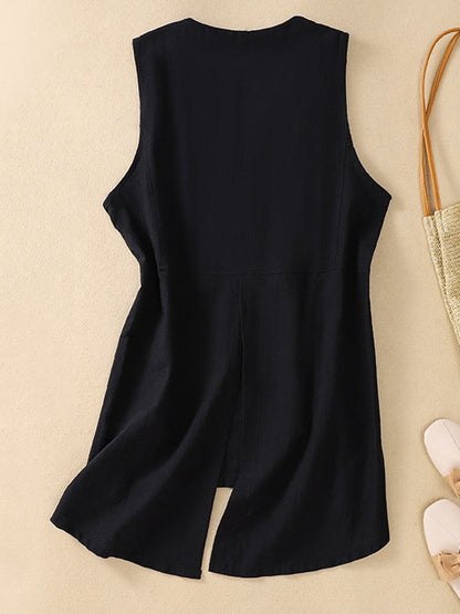 Loose Sleeveless Buttoned Solid Color V-Neck Vest Top