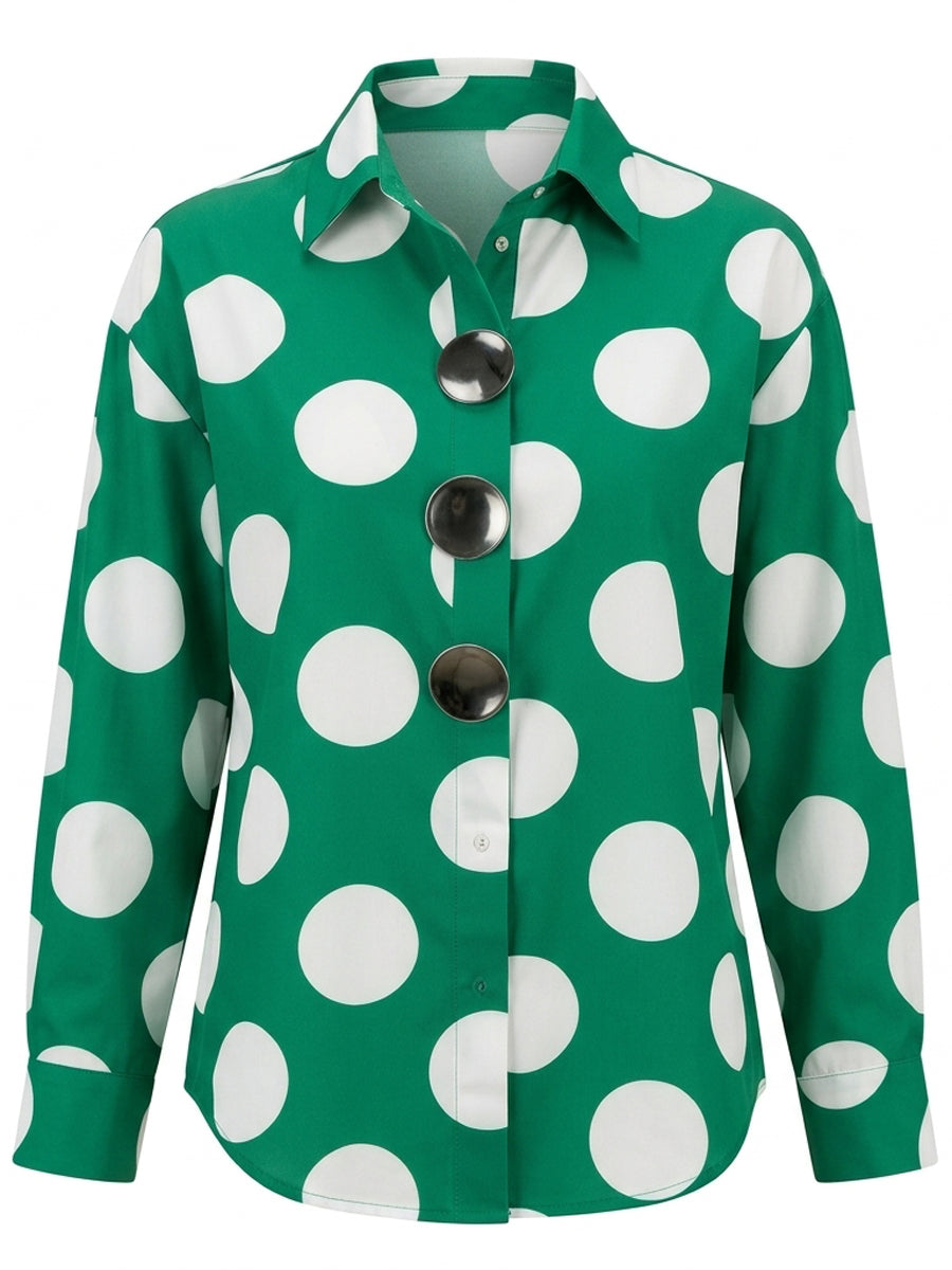 Long Sleeves Loose Buttoned Contrast Color Polka-Dot Lapel Blouses&Shirts Tops
