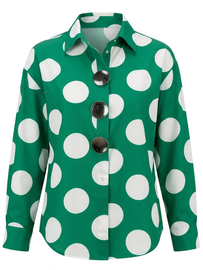 Long Sleeves Loose Buttoned Contrast Color Polka-Dot Lapel Blouses&Shirts Tops