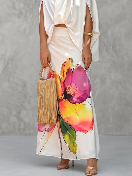 High Waisted Loose Contrast Color Flower Print Zipper Skirts