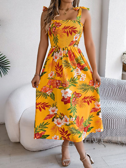 A-Line Loose Contrast Color Elasticity Flower Print Tied Spaghetti-Neck Midi Dresses