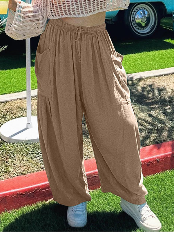 Pantalon taille haute ample avec cordon de serrage et poches plissées, couleur unie 