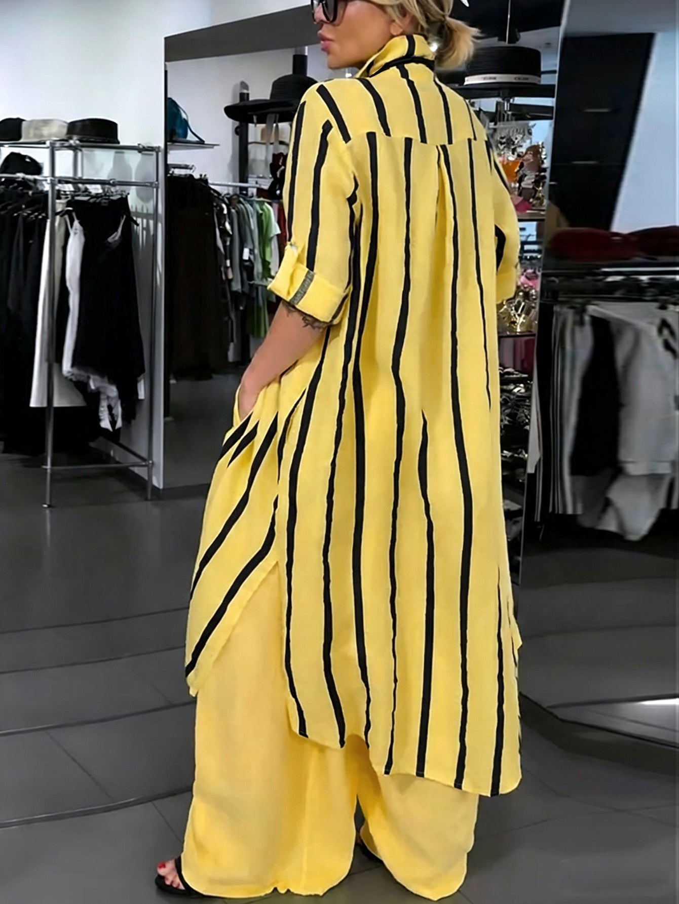 High‑low Long Sleeves Buttoned Contrast Color Striped Lapel Blouses&shirts Tops + Solid Color Pockets Wide‑Leg Bottoms Pants Trousers Two Pieces Set