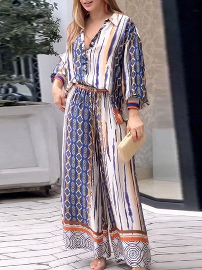 Long Sleeves Loose Printed Lapel Blouses Tops + Drawstring Pockets Pants Bottom Two Pieces Set