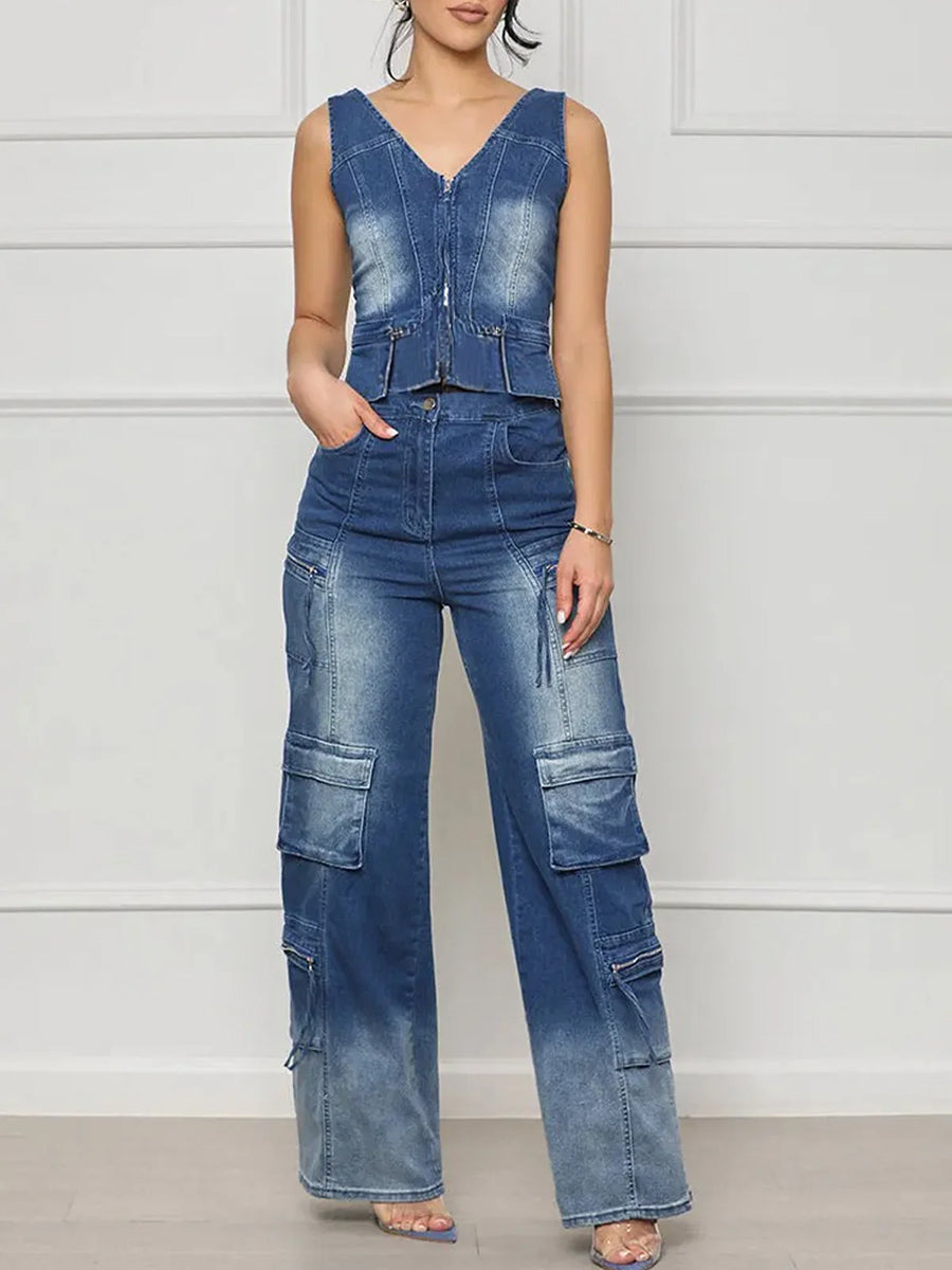 Sleeveless Pleated Solid Color Split-Joint Zipper Deep V-Neck Vest Top