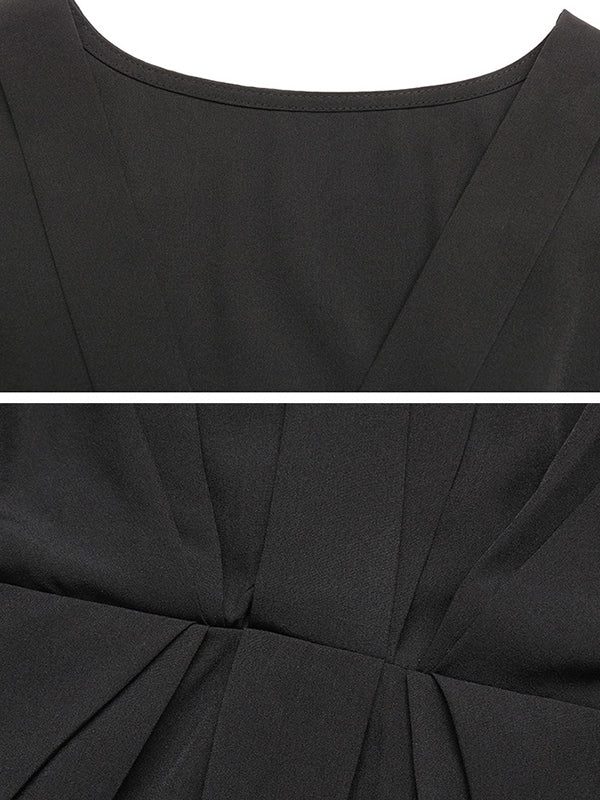 Mini-robes amples à manches raglan, plissées, élastiques, couleur unie, à col en V et à fentes 