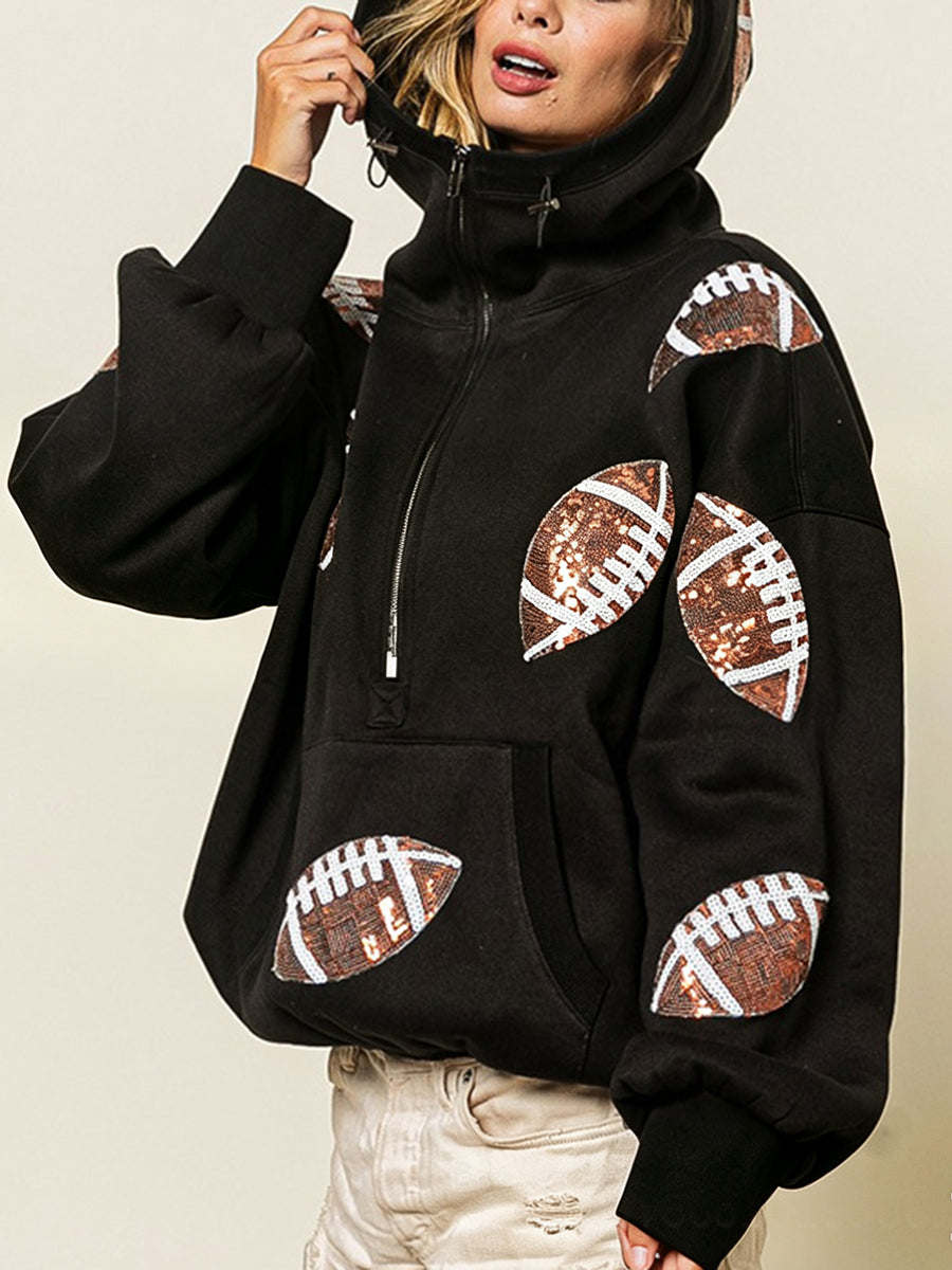 Zipper Split-Joint Ribbed Printed Pockets Drawstring Loose Long Sleeves Hooded Sweater Pullovers