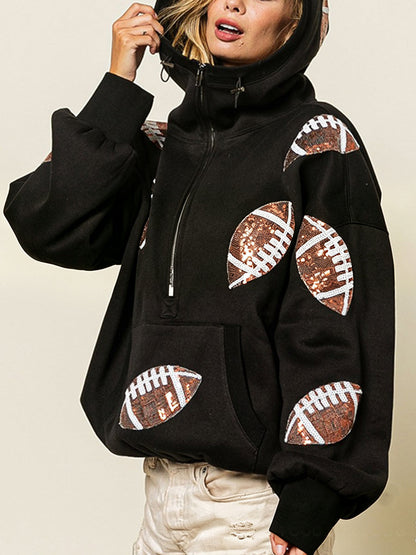 Zipper Split-Joint Ribbed Printed Pockets Drawstring Loose Long Sleeves Hooded Sweater Pullovers