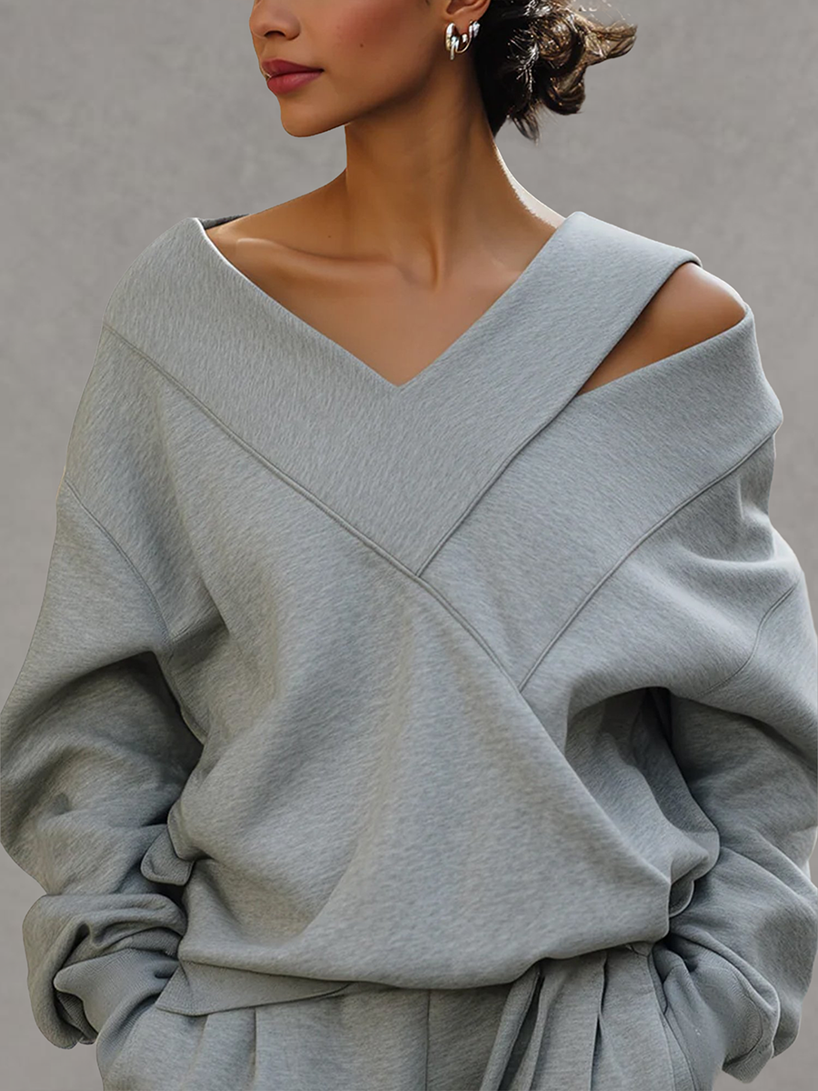 Split-Joint Solid Color Hollow Asymmetric Loose Long Sleeves Cold shoulder Sweatshirt Tops