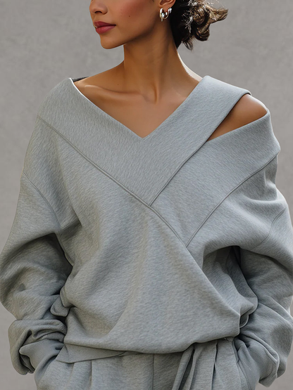 Split-Joint Solid Color Hollow Asymmetric Loose Long Sleeves Cold shoulder Sweatshirt Tops