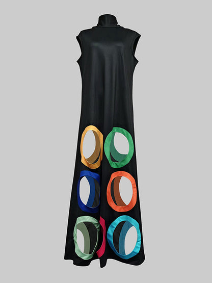 Loose Sleeveless Colorful Hollow Shawl Collar Maxi Dresses