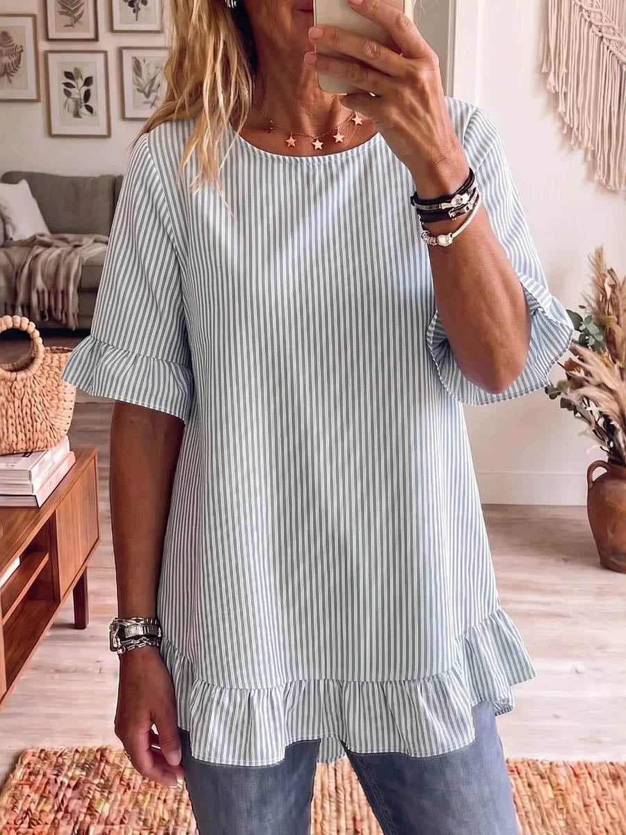 Half Sleeves Loose Pleated Ruffle Trim Striped Round-Neck Blouses&Shirts Tops