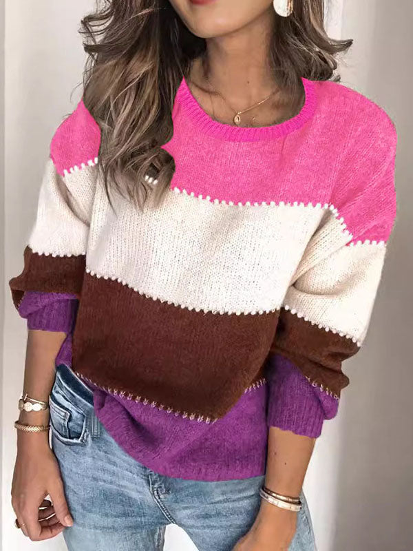 Long Sleeves Loose Contrast Color Split-Joint Striped Round-Neck Pullovers Sweater Tops PINK