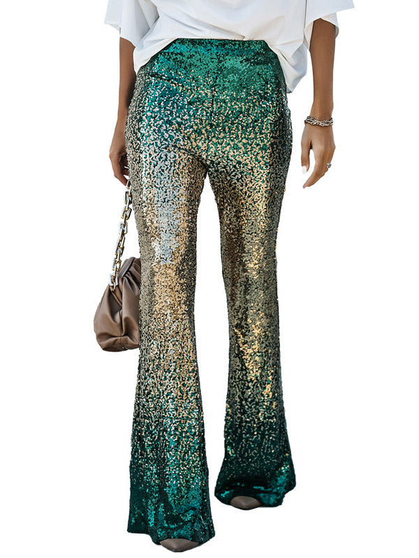 Pantalon évasé à jambe skinny, dégradé de couleurs contrastées, paillettes brillantes 