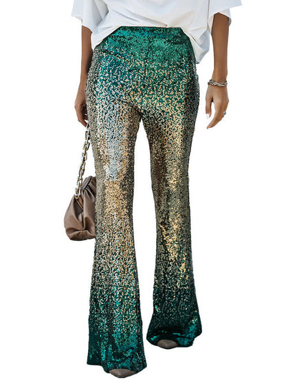 Pantalon évasé à jambe skinny, dégradé de couleurs contrastées, paillettes brillantes 