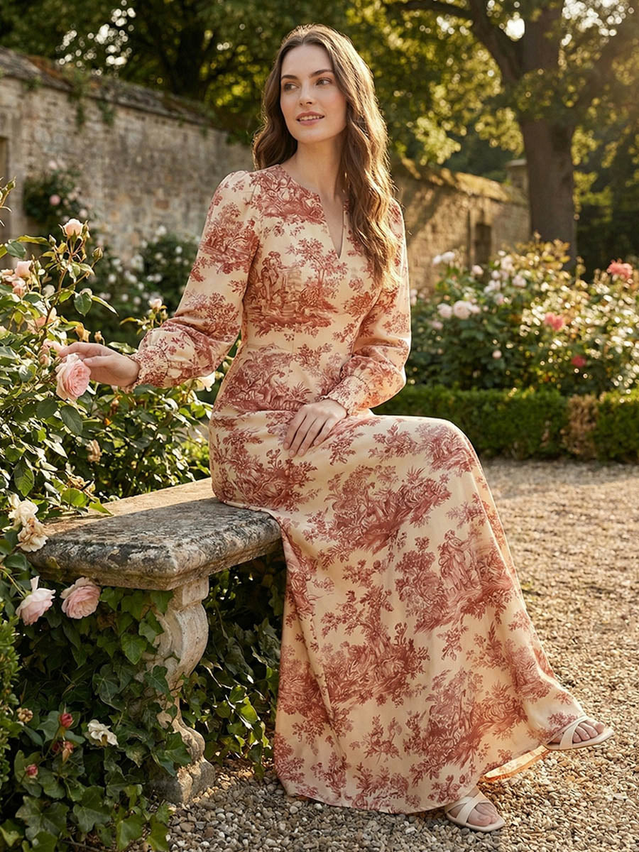Elasticated Waist High Waisted Contrast Color Pleated Printed Split-Joint V-Neck Maxi Dresses