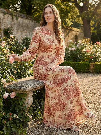 Elasticated Waist High Waisted Contrast Color Pleated Printed Split-Joint V-Neck Maxi Dresses