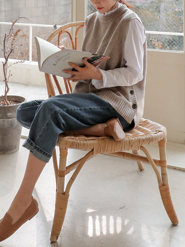 Simple Sleeveless Loose Buttoned Solid Color Round-Neck Sweater Vest Outerwear