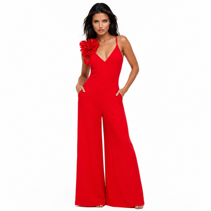 SYLPHE Red Floral Detail Wide Leg Jumpsuit | Elegant Statement Jumpsuit