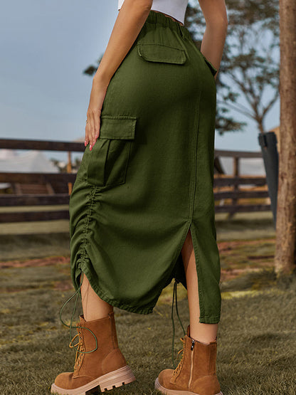 Jupe trapèze ample avec cordon de serrage et poches élastiques, couleur unie, dos fendu 