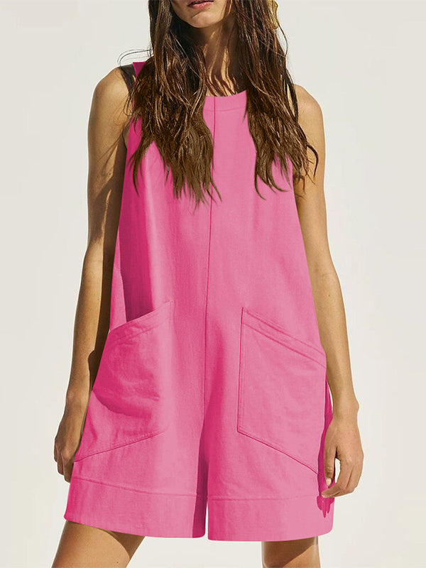 Loose Sleeveless Pockets Solid Color Round-Neck Rompers