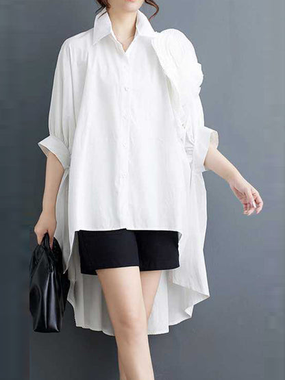 Batwing Sleeves Half Sleeves Asymmetric Buttoned Pleated Solid Color Three-Dimensional Flower Lapel Blouses&Shirts Tops