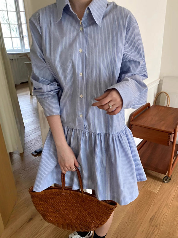 A-Line Long Sleeves Buttoned Pleated Striped Lapel Mini Dresses Shirt Dress