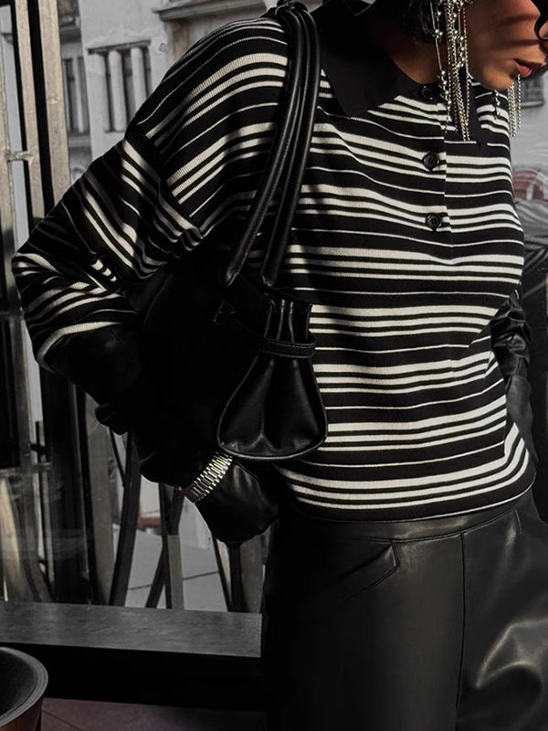 Long Sleeves Split-Joint Striped Lapel Sweater Tops