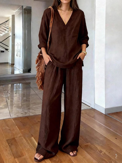 Long Sleeves Solid Color Deep V-Neck Blouses&Shirts Tops + Pleated High Waisted  Trousers Two Pieces Set
