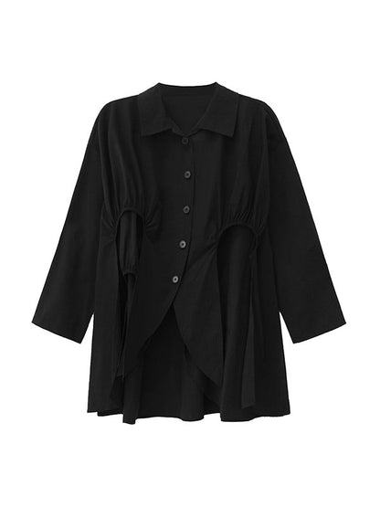 High-Low Irregularity Buttoned Pleated Solid Color Split-Joint Shirt Collar Blouses&Shirts Tops
