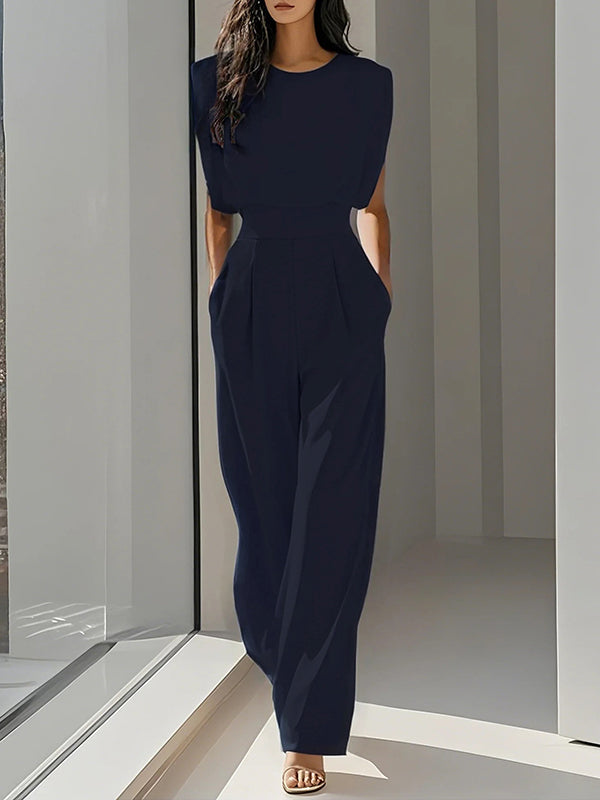 Loose Pleated Solid Color Split-Joint Round-Neck Jumpsuits
