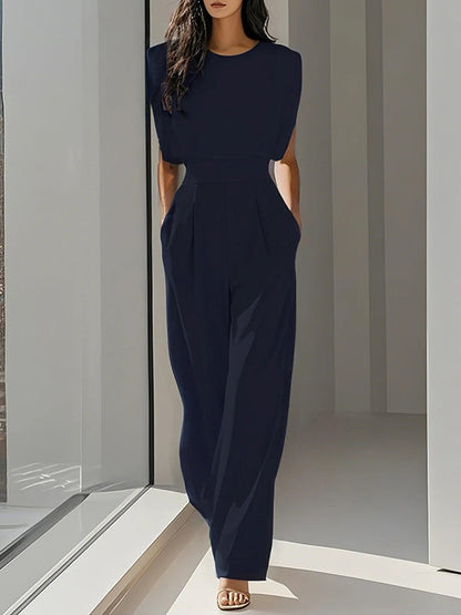 Loose Pleated Solid Color Split-Joint Round-Neck Jumpsuits