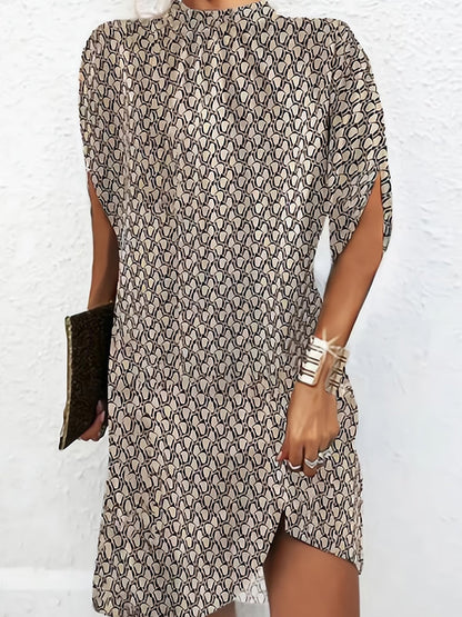 Batwing Sleeves Loose Printed Round-Neck Mini Dresses BEIGE