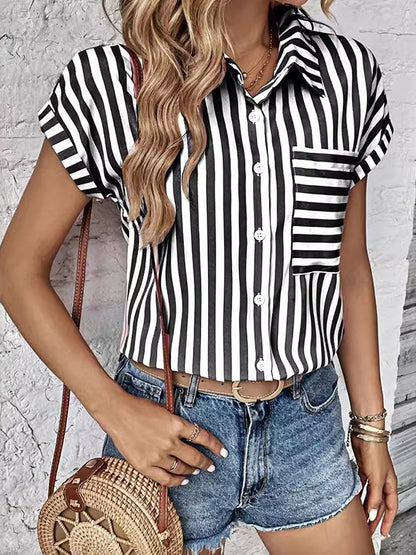 Loose Short Sleeves Contrast Color Split-Joint Striped Patterns Lapel Blouses&Shirts Tops