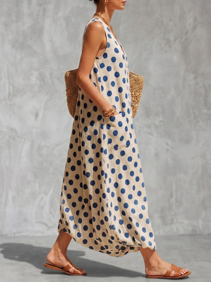 Loose Sleeveless Contrast Color Pockets Polka-Dot V-Neck Maxi Dresses