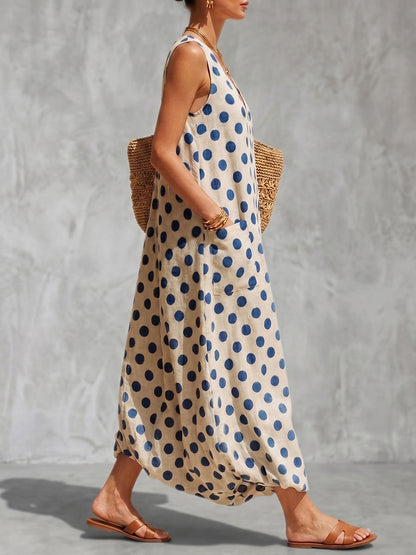 Loose Sleeveless Contrast Color Pockets Polka-Dot V-Neck Maxi Dresses
